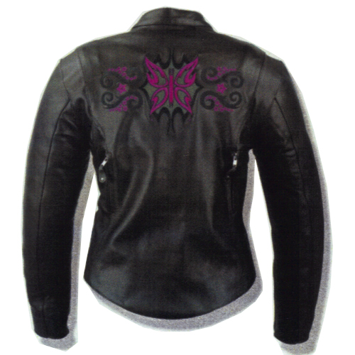 Ladies Black & Purple Stars Embroidered Leather Jacket, ML2071