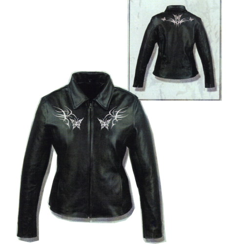 Ladies Pink Butterfly Embroidered Leather Jacket, ML2093.06